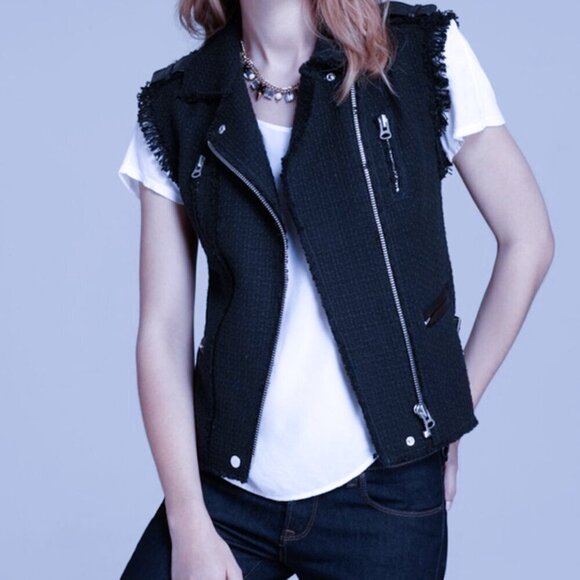 REBECCA TAYLOR Moto Tweed Vest Lamb Leather Trim Zip Up Navy Blue - Picture 1 of 6